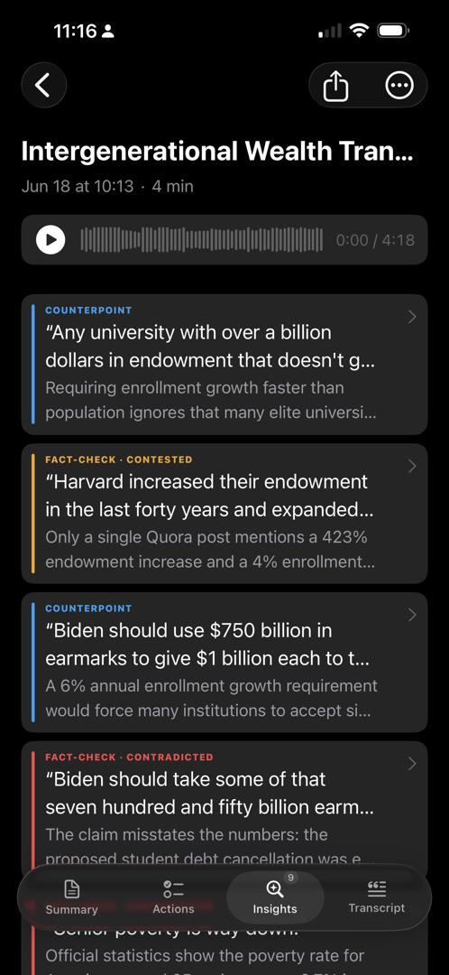 A list of verdicts with colored bars: counterpoint, contested, contradicted