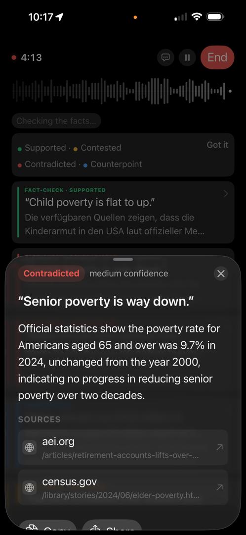 Live session screen with waveform and a fact-check verdict appearing